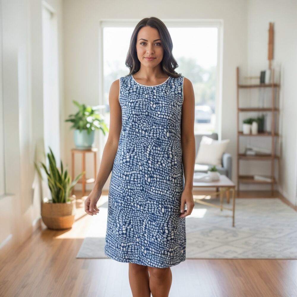 Sahalie Blue & White Polka Dot Shift Dress 100% Nylon Size Large